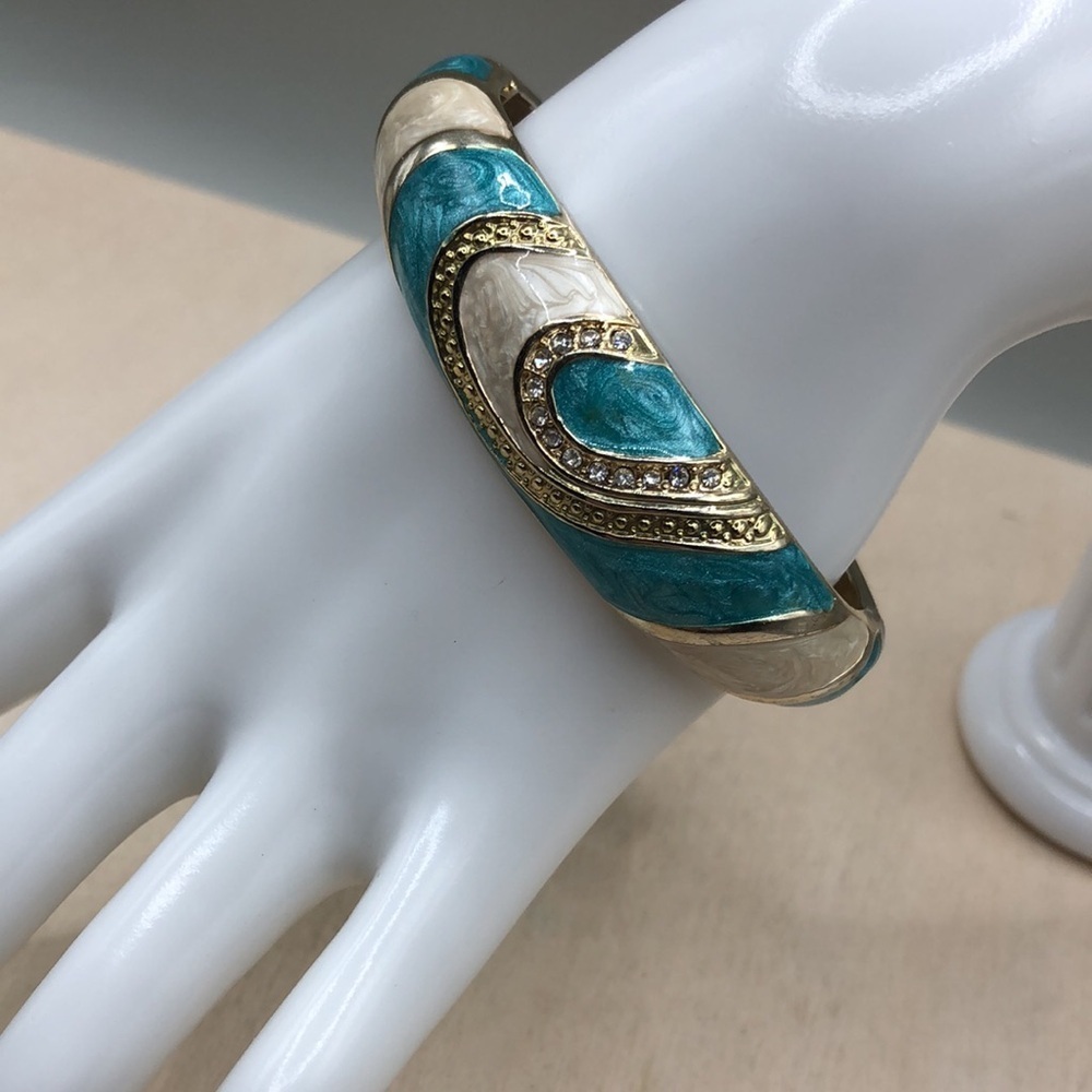 Enamel swirl and rhinestone costume dressy clamper bracelet-retro style